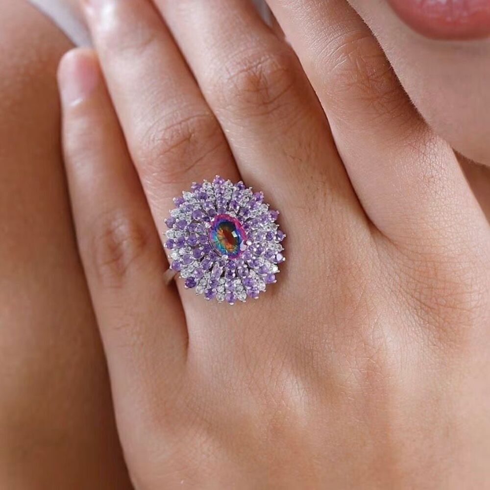 Nebula Quartz Doublet and Multi Gemstone 3.40 ctw Galactic Bloom Sterling Ring 7